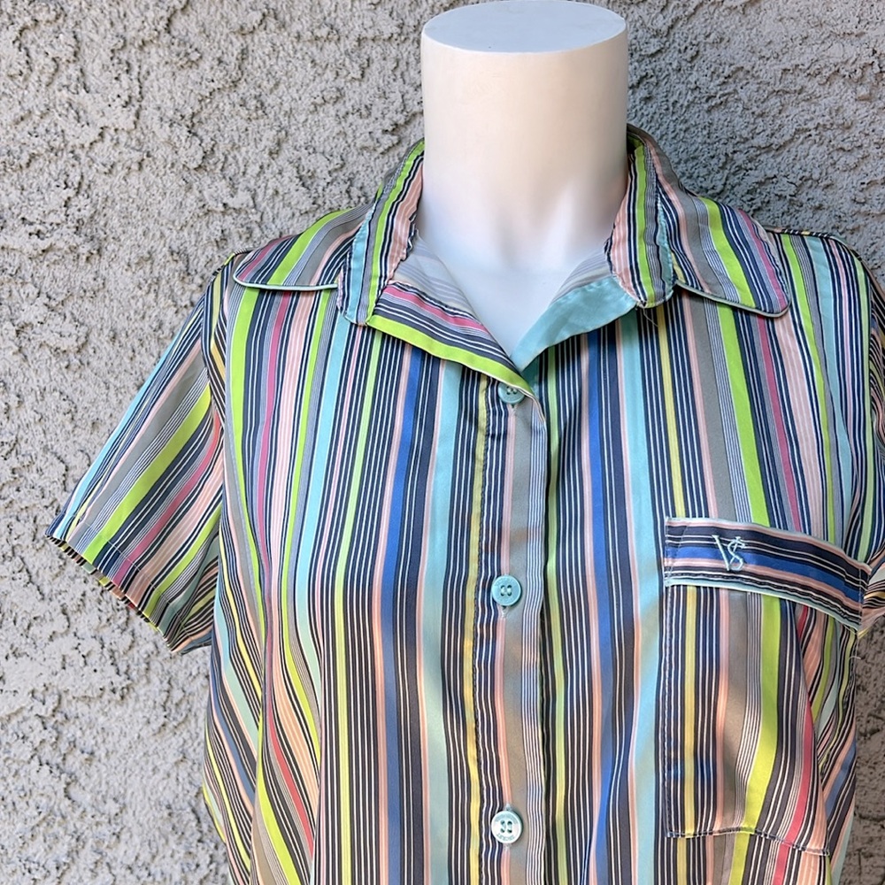 Victoria's Secret Multicolor Striped Satin Button Down Sleep Shirt Pajama Top XS - Picture 2 of 7